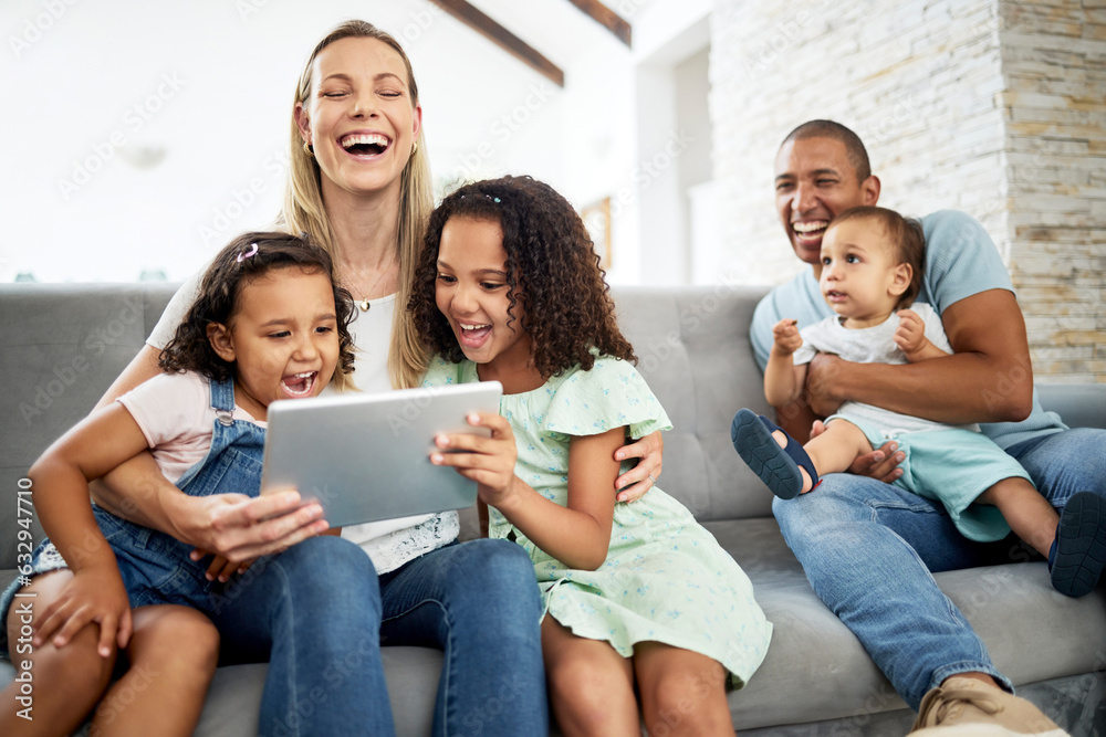 Tablet, laughing and family watching a video or funny, comedy or comic movie together in the living 