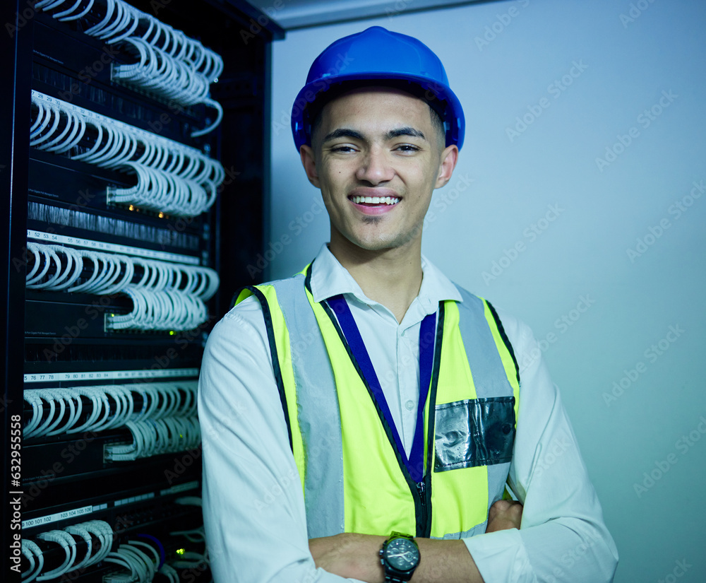 Engineering, portrait and man with smile in server room for network maintenance, software upgrade an