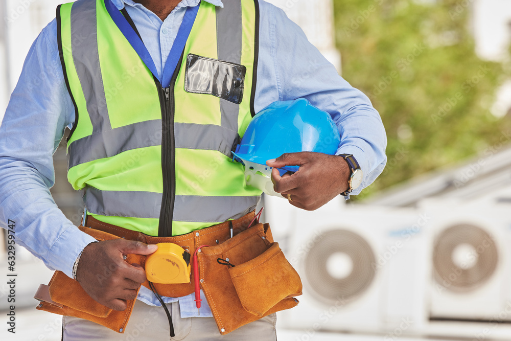 Man, helmet closeup or engineer on construction site for maintenance or architecture outdoor. Body o