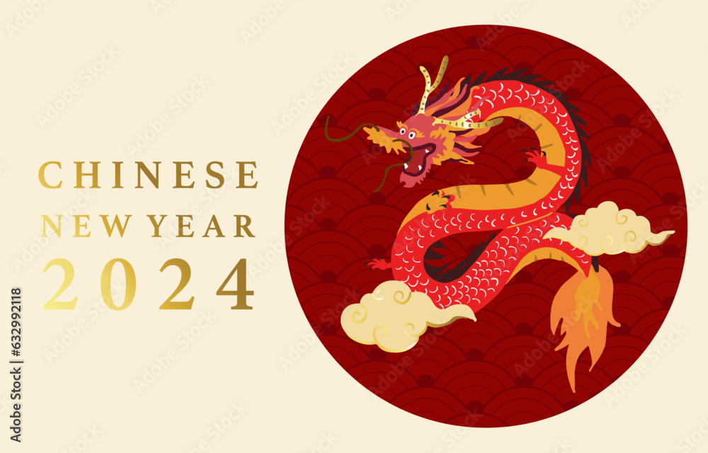 Gold red Chinese New Year card with dragon,cloud.Editable vector illustration for website, invitatio