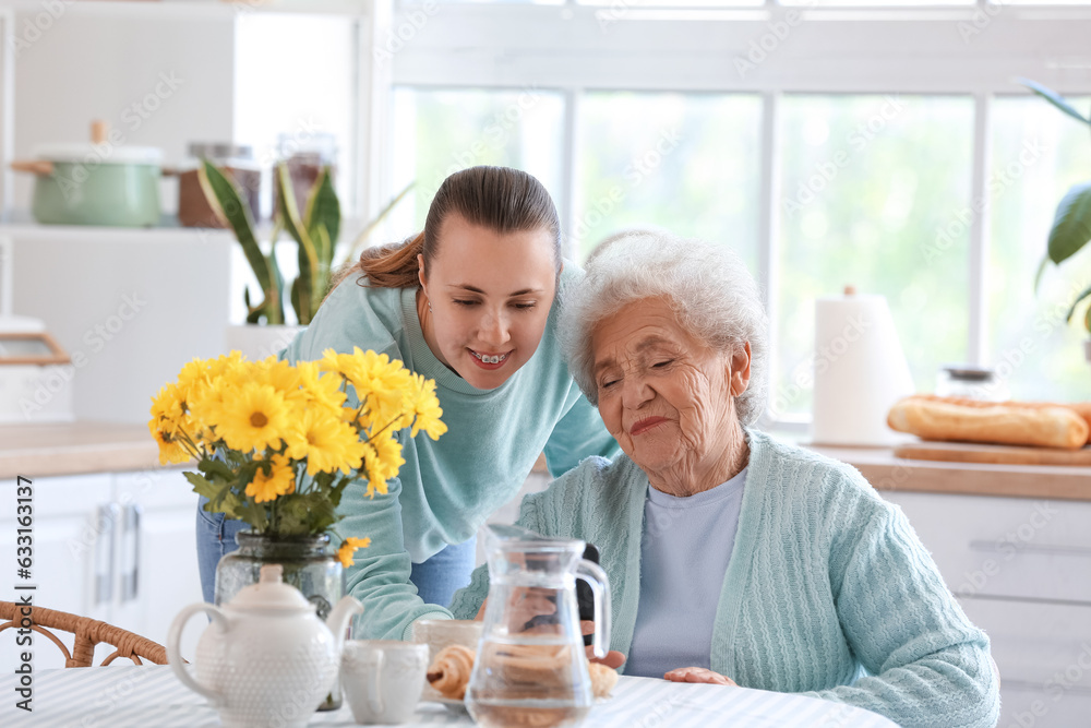 Senior woman with her granddaughter using mobile phone in kitchen