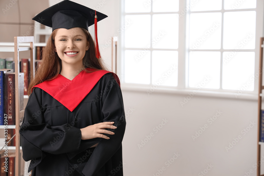 Female graduate student in library