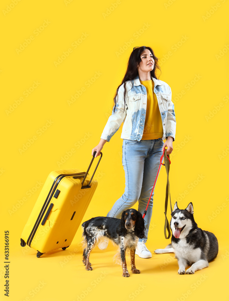 Young woman with cute dogs and suitcase on yellow background