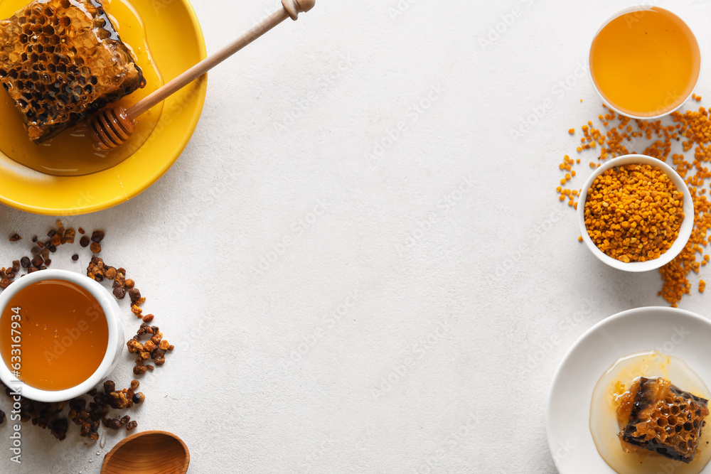 Sweet honey, combs and bee pollen on light background