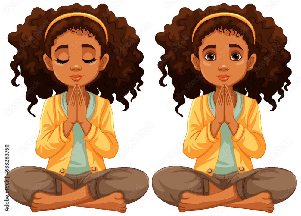 Curly-haired Woman Sitting and Praying in Meditation