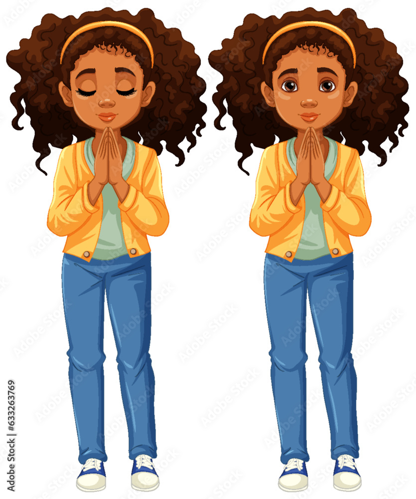 Praying Woman with Curly Hair: A Vector Illustration