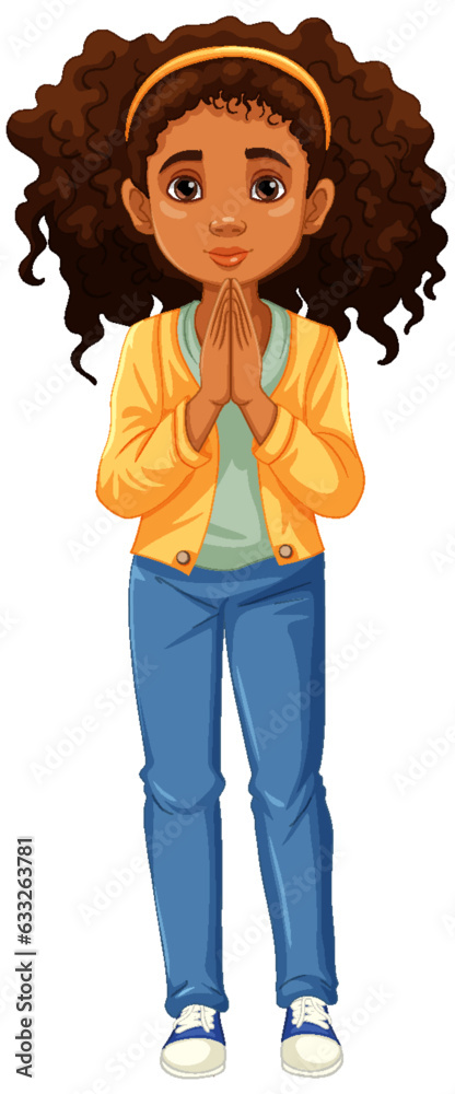 Praying Woman with Curly Hair: Eyes Open