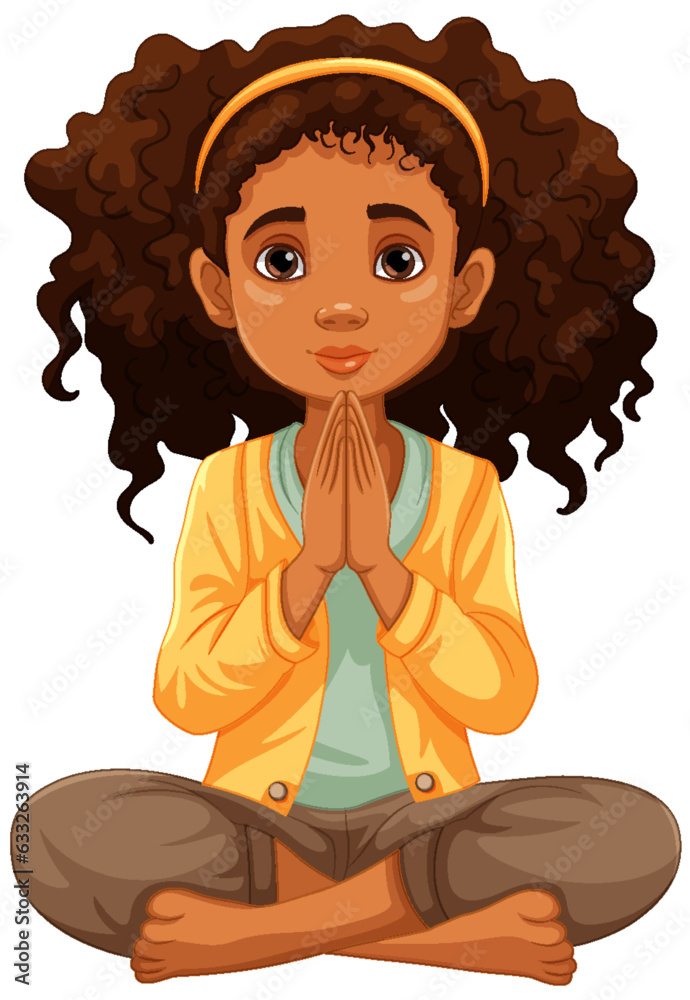 Curly-haired Woman Praying and Meditating with Open Eyes