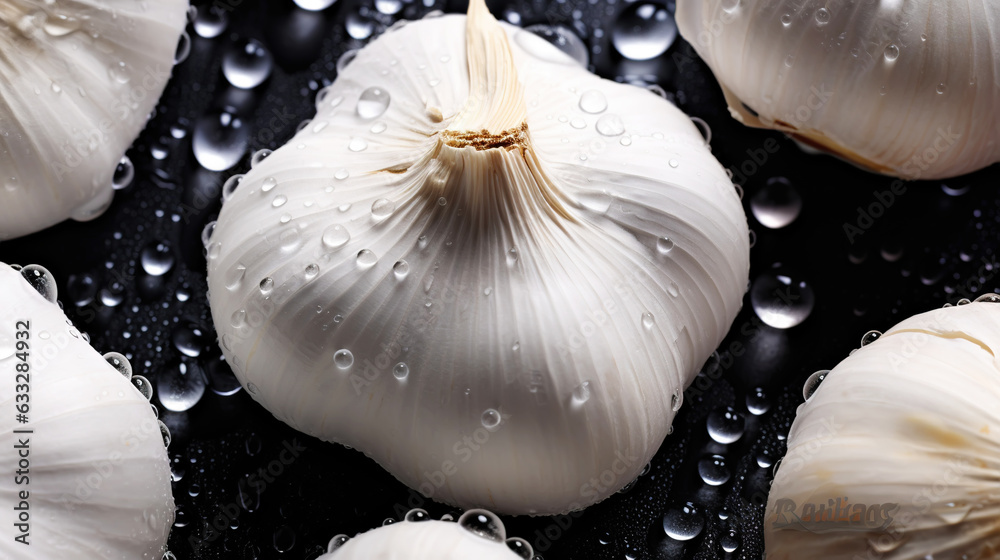 Fresh garlic with water drops background. Vegetables backdrop. Generative AI