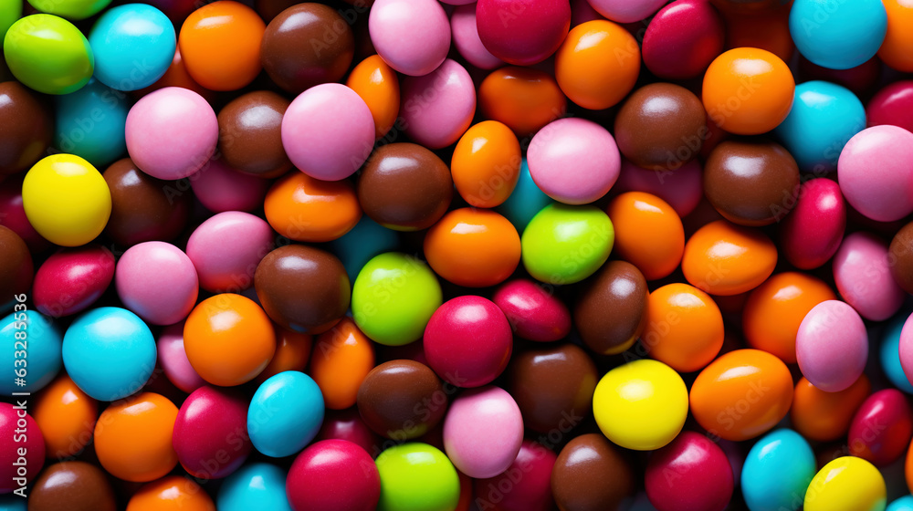 Close up of a pile of colorful chocolate coated candies. Candy background. Generative AI