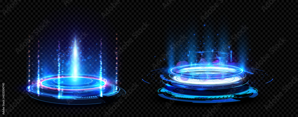 Futuristic hologram portal, magic teleport or level up effect. Glowing neon circle with light sparkl