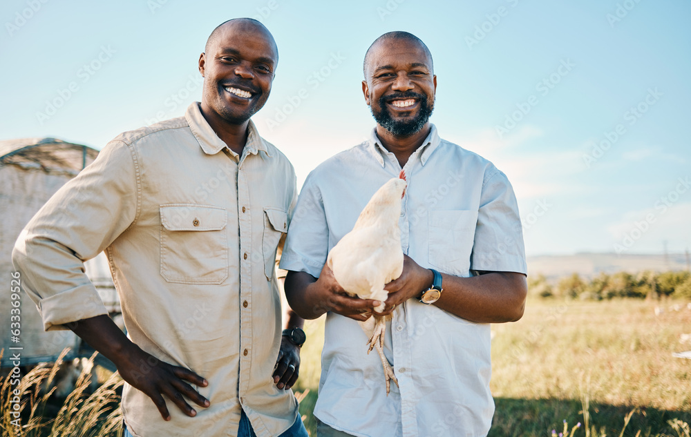 Portrait, chicken and a happy farmer team in the agriculture industry for sustainability or free ran