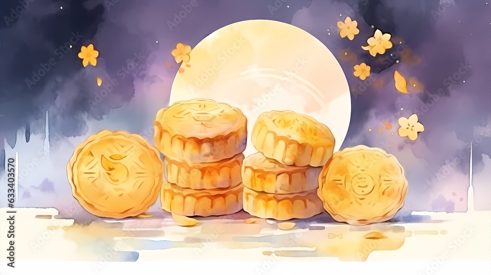 Hand-painted cartoon beautiful mid-autumn festival moon cake watercolor illustration 