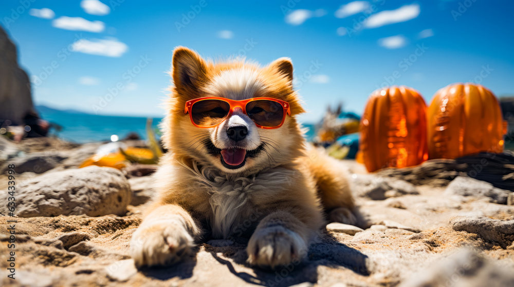 Dog wearing sunglasses laying in the sand at the beach.