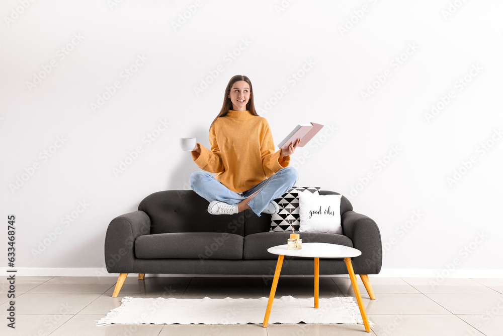 Modern sofa and table near light wall