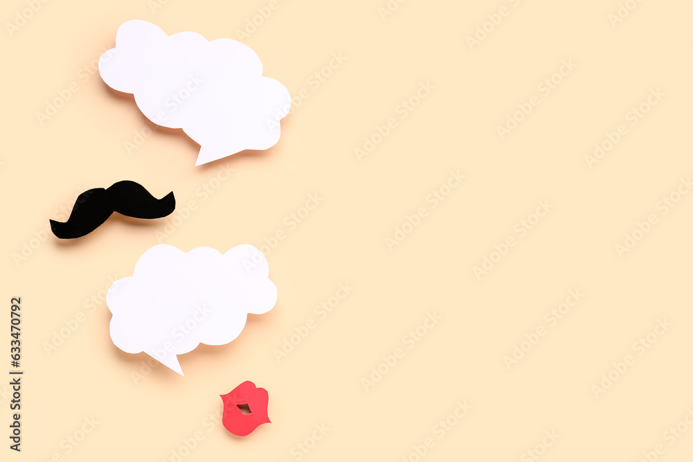 Paper mustache and lips with blank speech bubbles on beige background