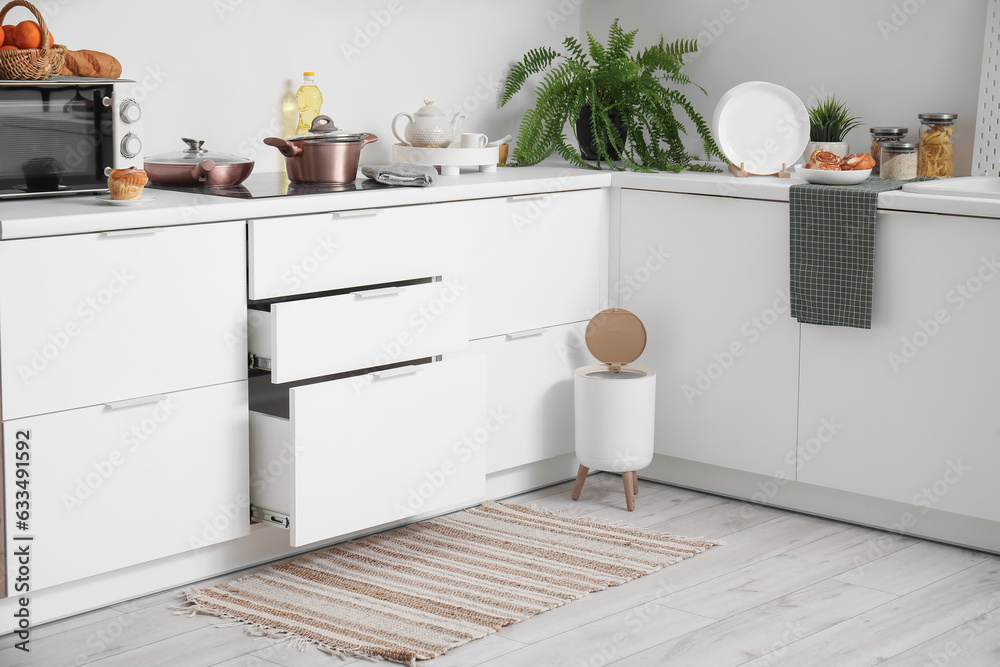 Interior of modern kitchen with stylish rug, trash bin and white counters