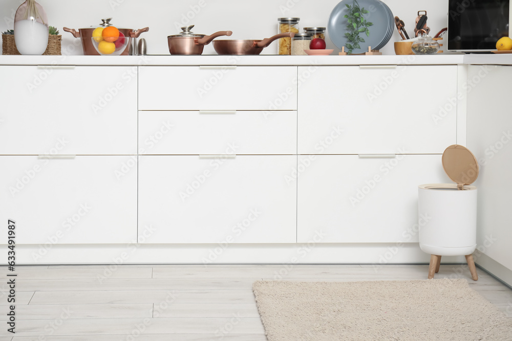 Interior of modern kitchen with stylish rug, trash bin and white counters