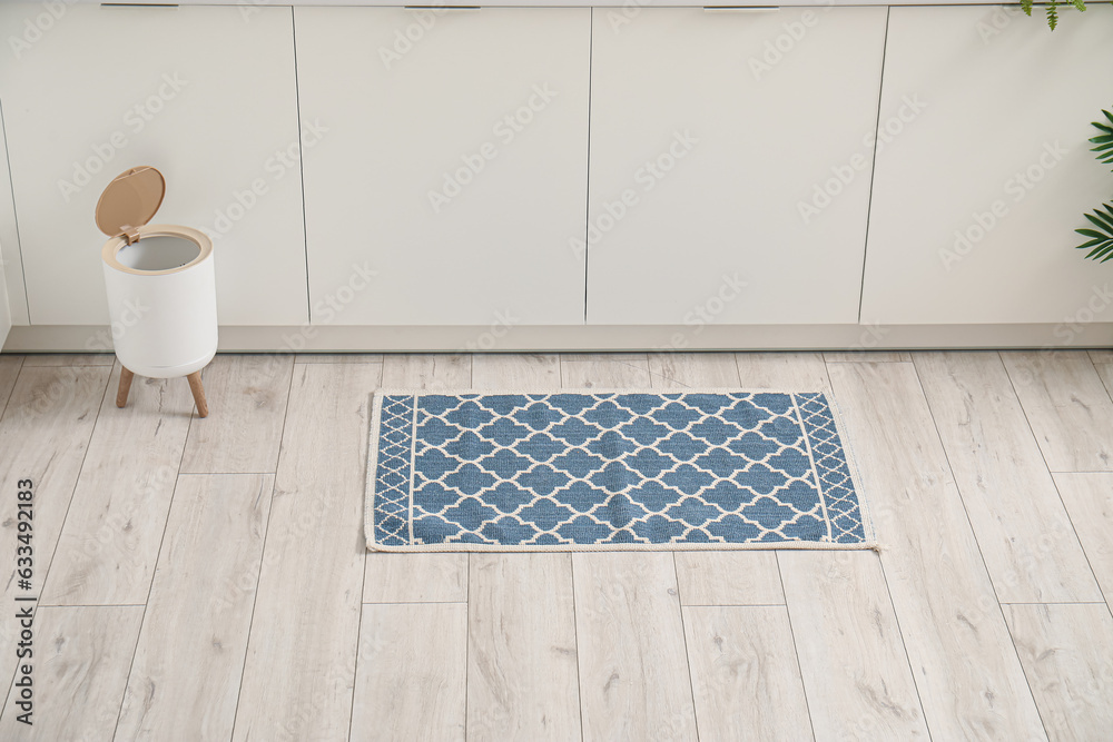 Stylish rug and trash bin on floor in kitchen