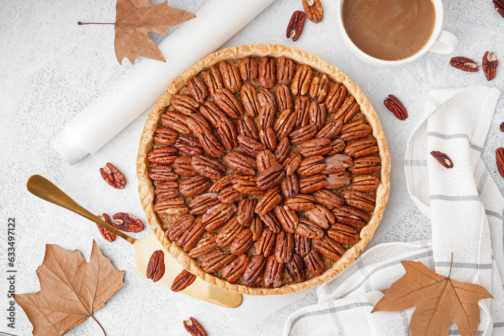 Tasty pecan pie on white background