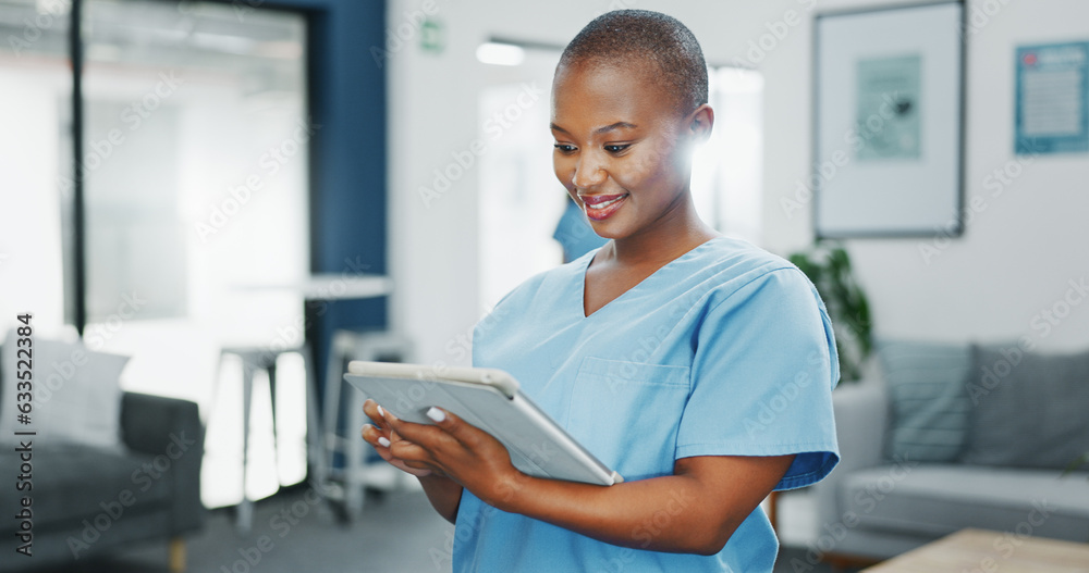 Happy woman or black doctor face in busy hospital with tablet for healthcare services, leadership an