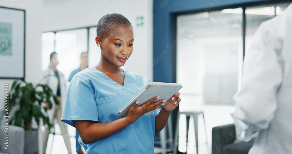 Happy woman or black doctor face in busy hospital with tablet for healthcare services, leadership an