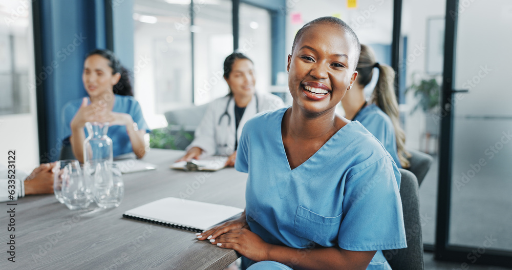 Black woman, face or nurse in hospital meeting for medical planning, life insurance medicine or trea