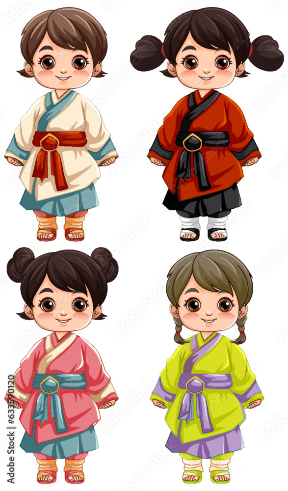 Four Cute Asian Girls in Traditional Outfit