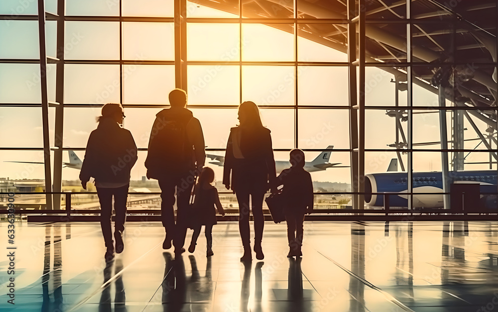 Silhouettes of a young family, filled with excitement, standing against the backdrop of a bustling a