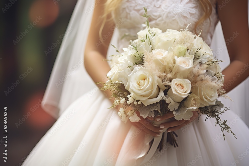 beautiful bride in a white with a bouquet of eucalyptus and white flowers