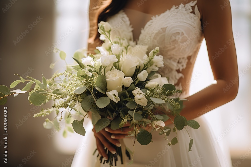 beautiful bride in a white with a bouquet of eucalyptus and white flowers