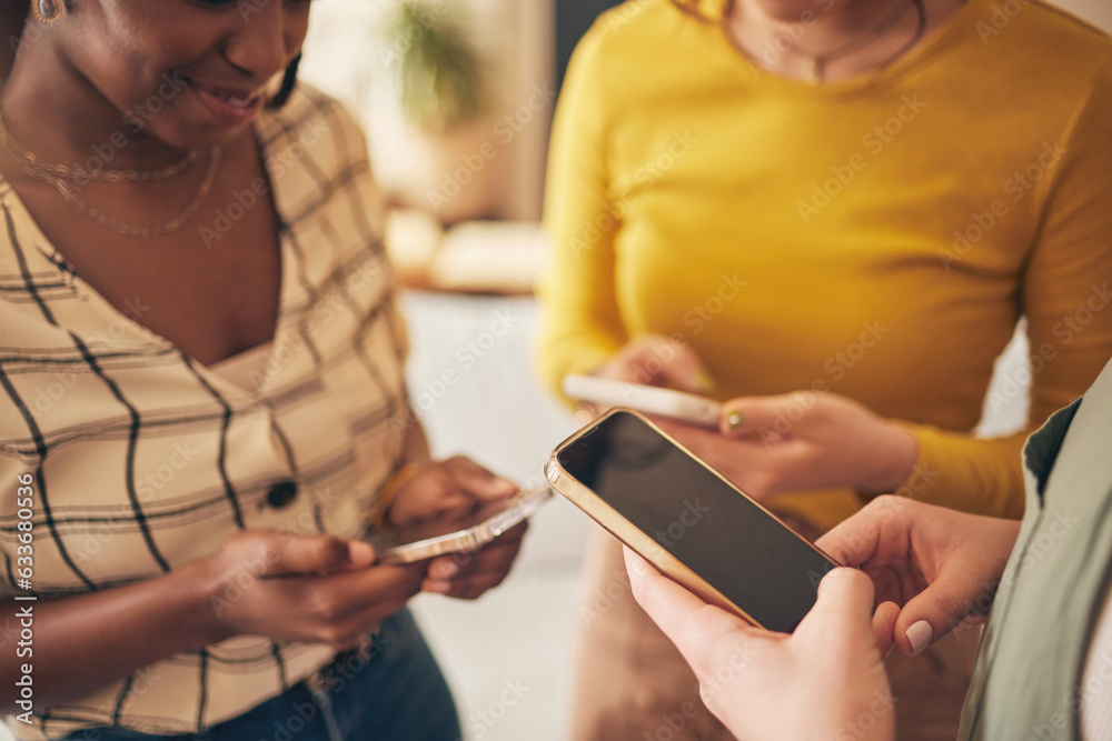 Hands, phone screen and women, typing in chat and friends relax at home, social media and communicat