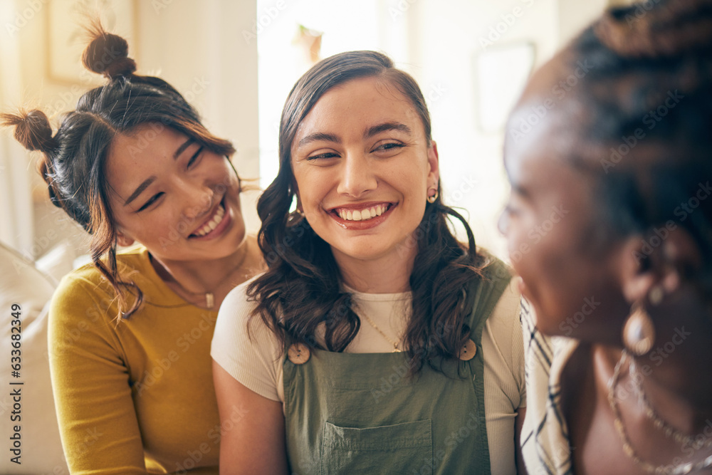 Girl friends, happy conversation and home with care, bonding or connection in living room on holiday