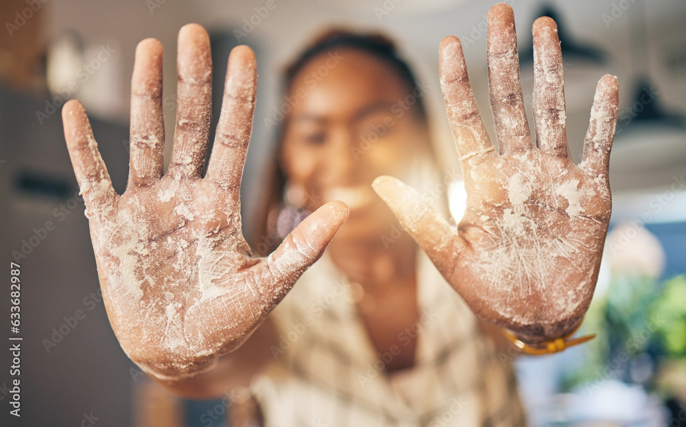 Hands, flour and baking by woman in a kitchen for bread, pizza or handmade food at home. Wheat, palm