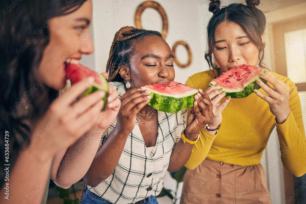 Women, friends and eating watermelon in home for bonding, nutrition and happy lunch together. Health