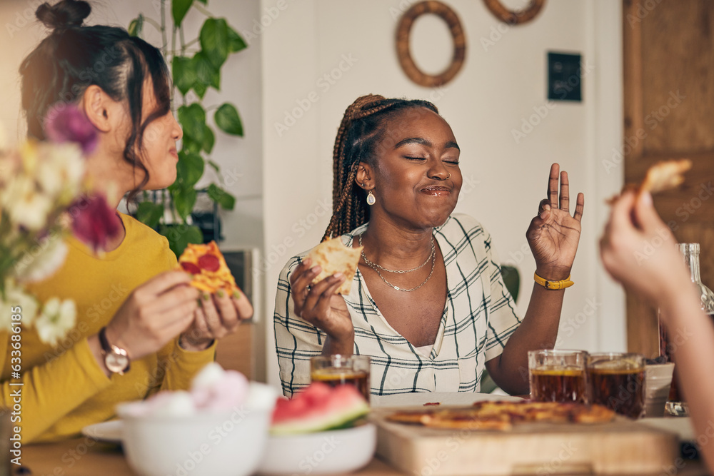 Food, drinks and pizza party, women and dinner, friends and fun with eating and nutrition at home. I