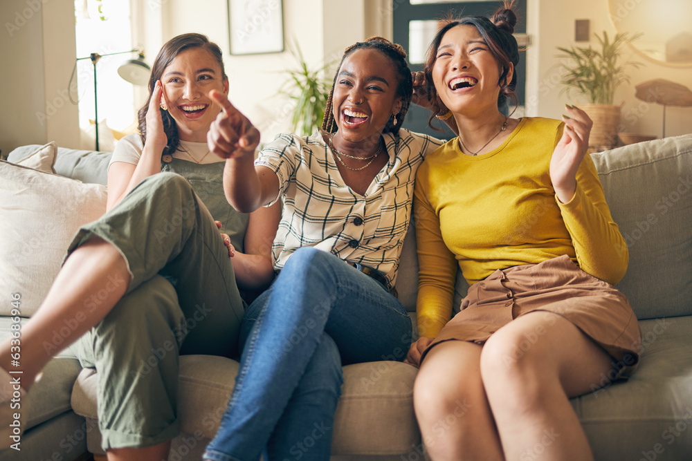 Happy, friends and women watching tv on a sofa laughing, bond and relax in their home on the weekend