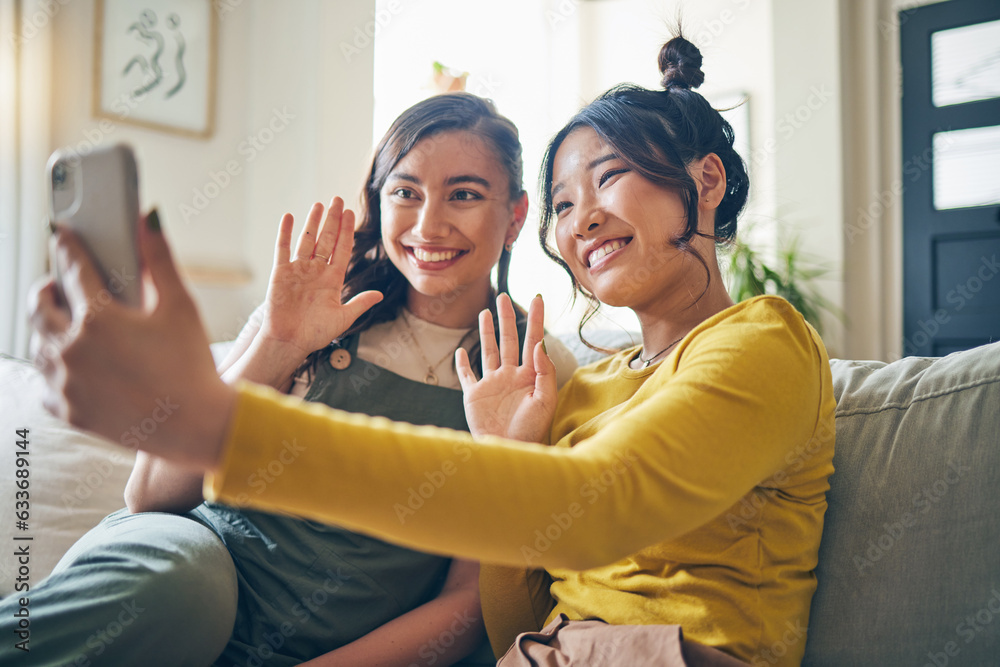 Phone, wave and friends on video call on sofa, communication and conversation in living room of home