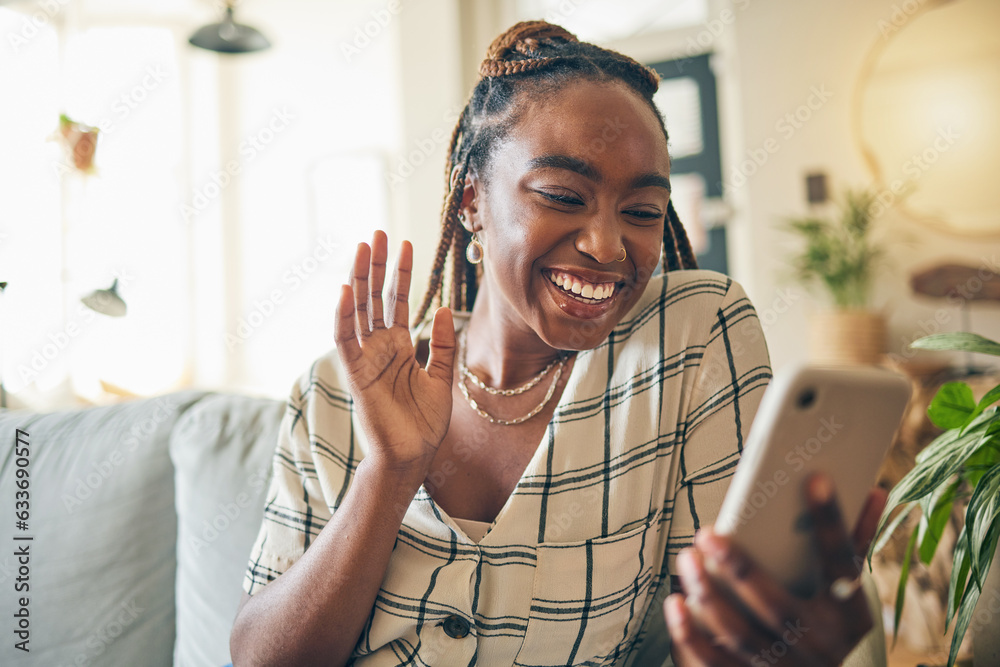 Wave, phone and black woman on video call in home, communication and conversation. Smartphone, hello