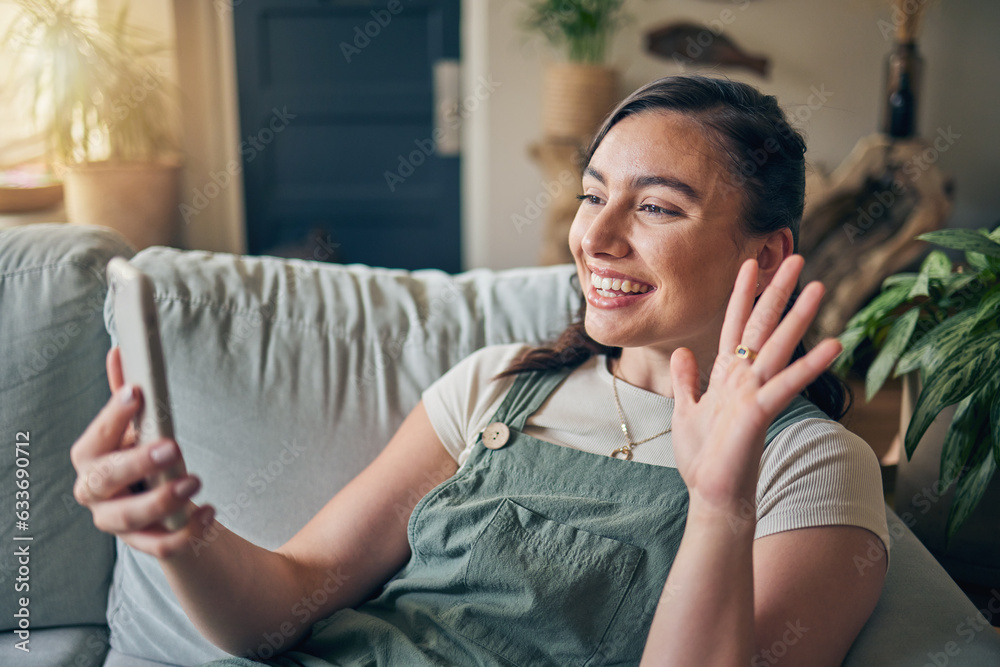 Phone, wave and woman on video call in home, communication and conversation on sofa. Smartphone, hel