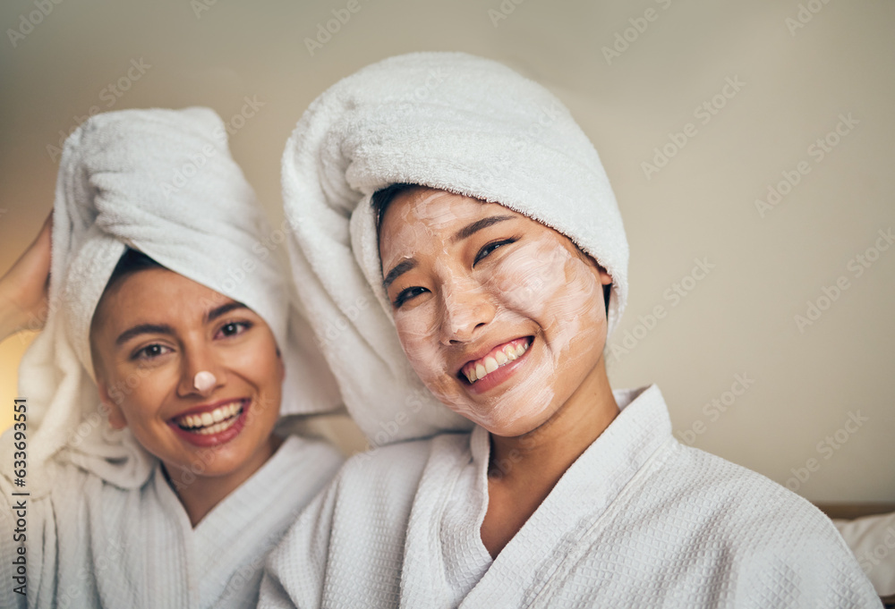 Spa, portrait and women friends with skincare smile for wellness, relax and self care sleepover. Hap