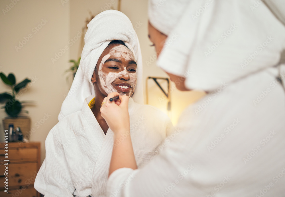 Skincare, facial and women friends in a bedroom with mask, application and spa day bonding in their 