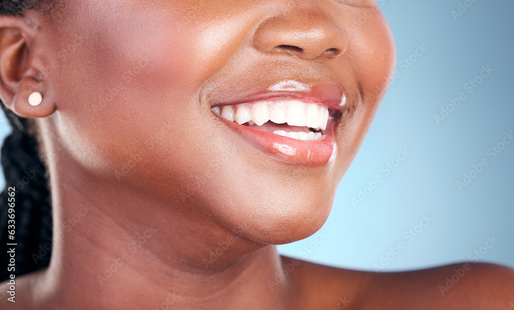 Woman, teeth and smile in dental cleaning, hygiene or treatment against a blue studio background. Cl