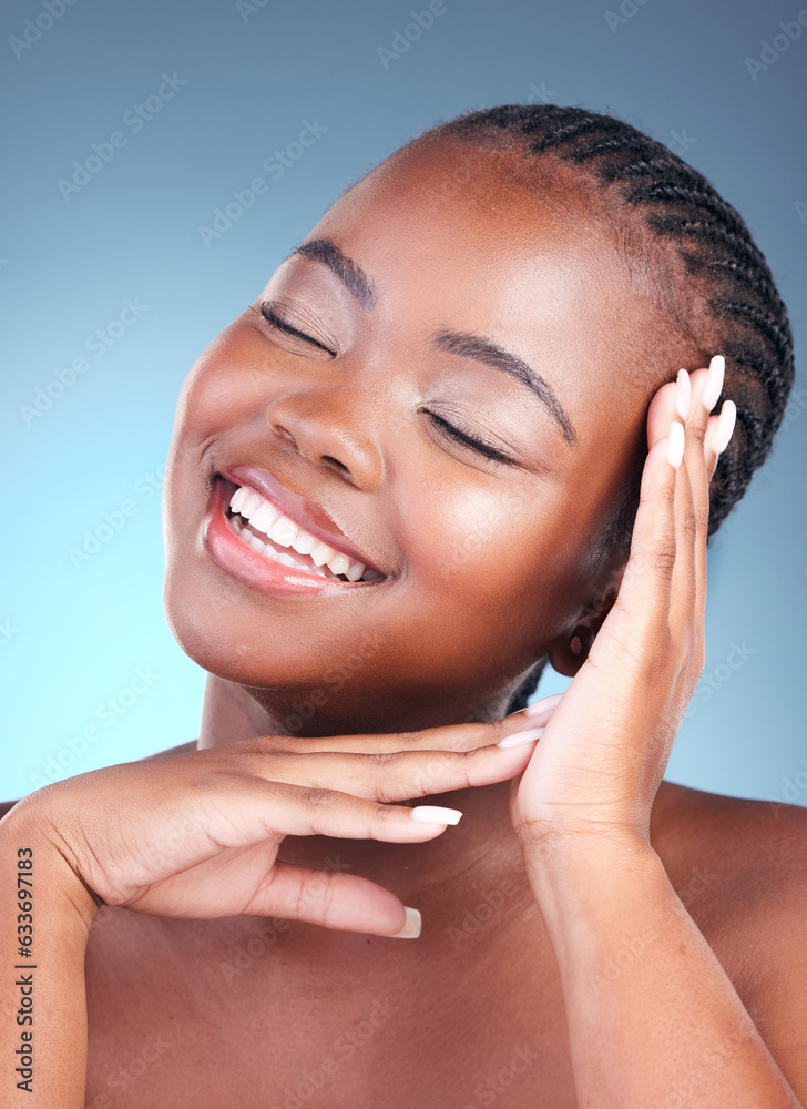 Beauty, black woman and smile with skincare, cosmetics and facial wellness in a studio. Blue backgro