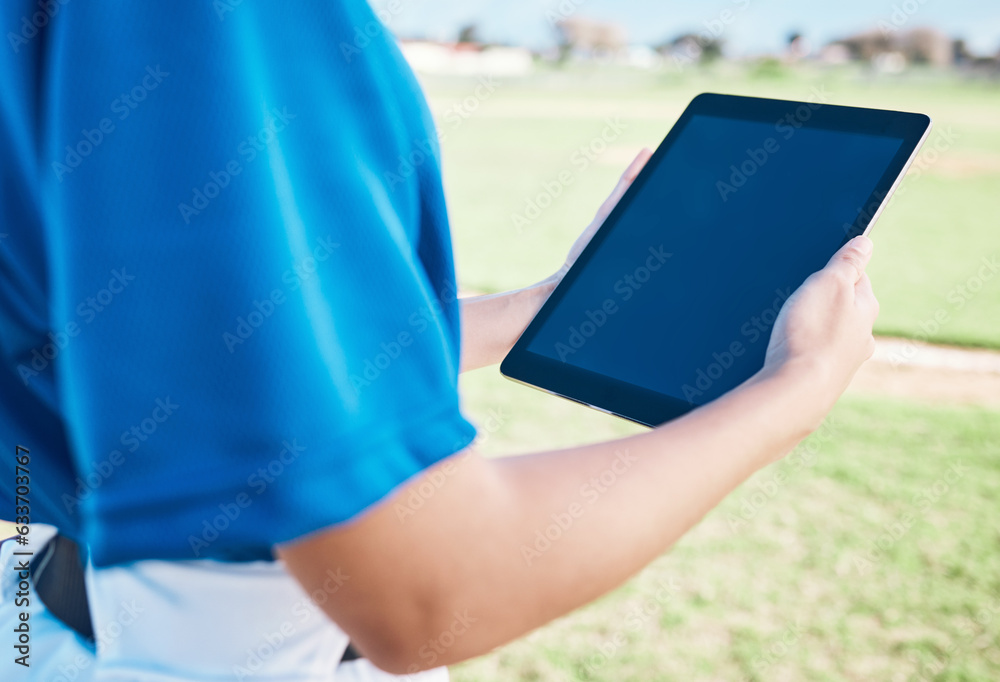 Closeup, baseball or outdoor with a tablet, screen or social media with connection, athlete or fitne