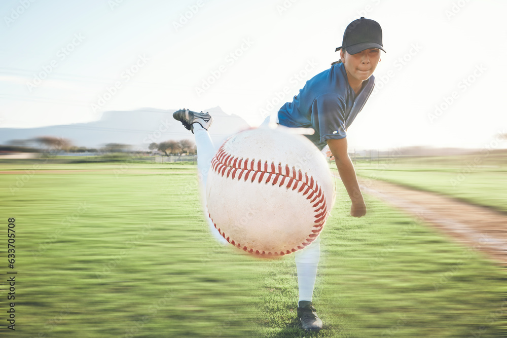 Person, baseball and pitching a ball outdoor on a sports pitch for performance and competition. Prof