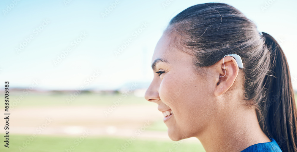 Smile, profile and woman in hearing aid, ear and sound amplifier in mockup space at park outdoor. Ha