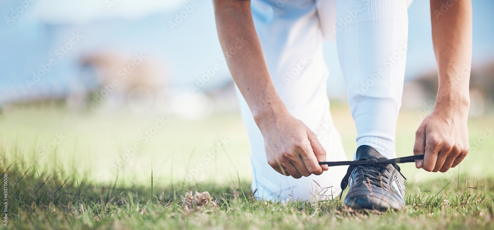 Hands, feet and a sports person tying laces on a baseball field outdoor with mockup space for fitnes