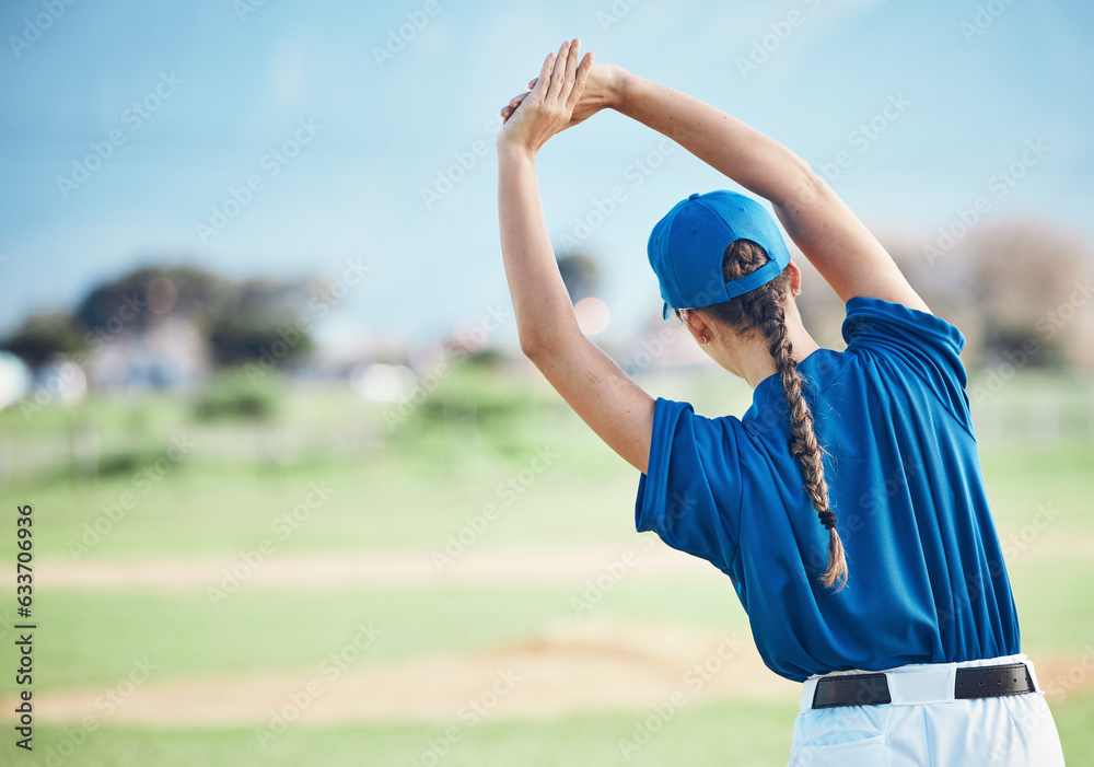 Back, stretching and a woman on a field for baseball, training for sports or fitness with mockup. Sp