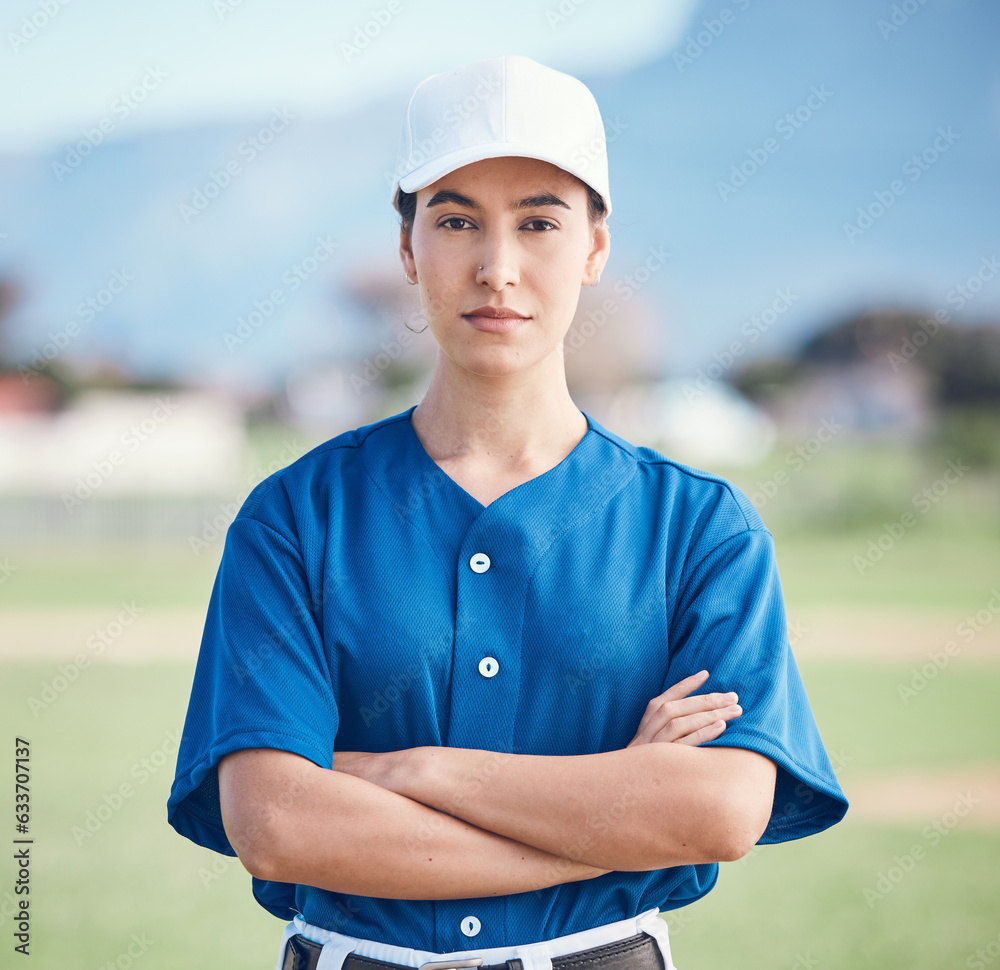 Sports, portrait and woman with arms crossed for baseball field training, workout or match. Fitness,